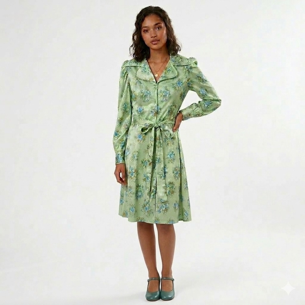Vtg 70s Green Floral Midi Dress‎ Western Yoke Disco Dagger Collar Prairie XS/S